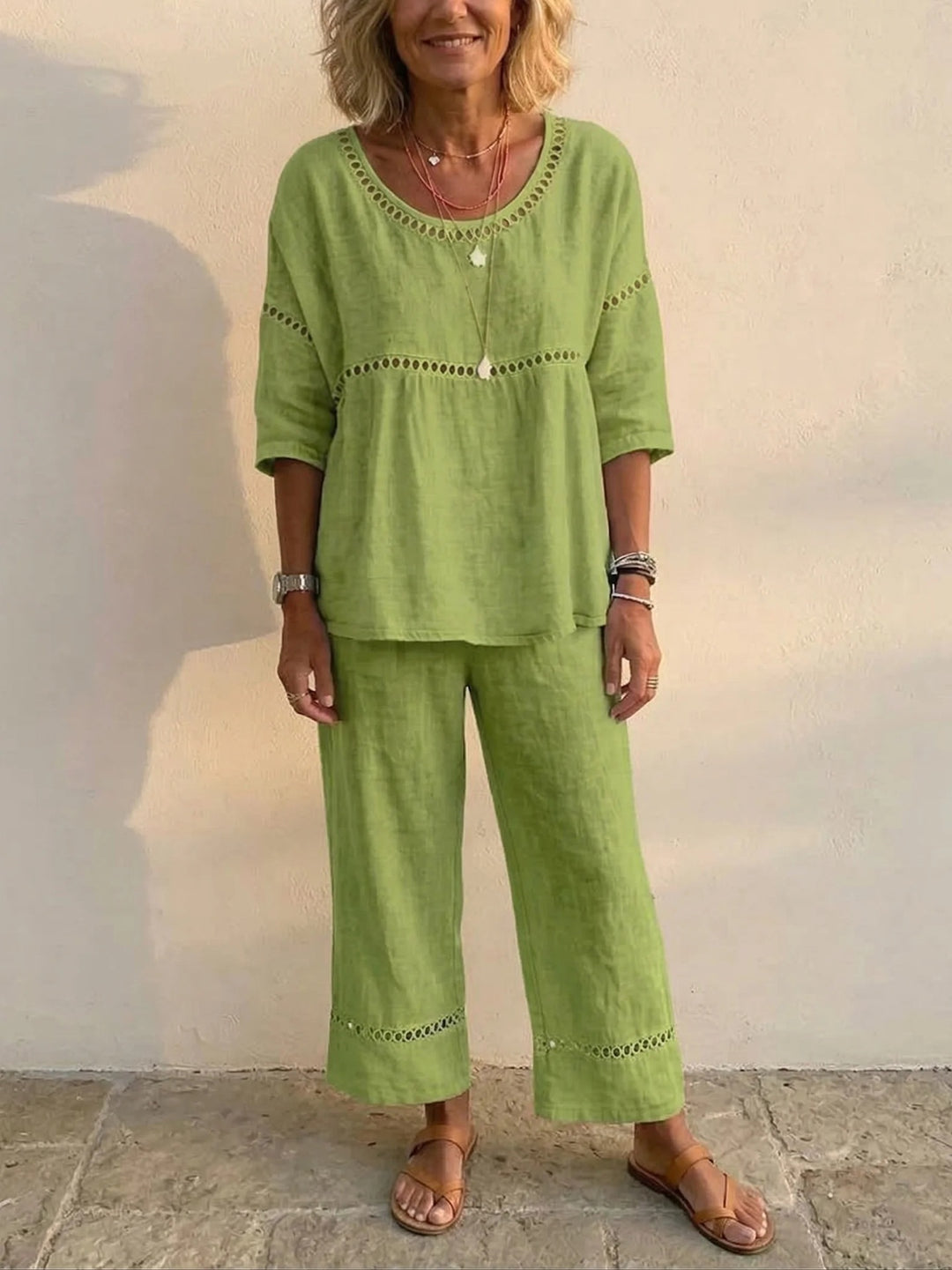Damen Kompletter Loungewear-Anzug aus Leinen mit luftiger Passform und Spitzenakzenten Drune