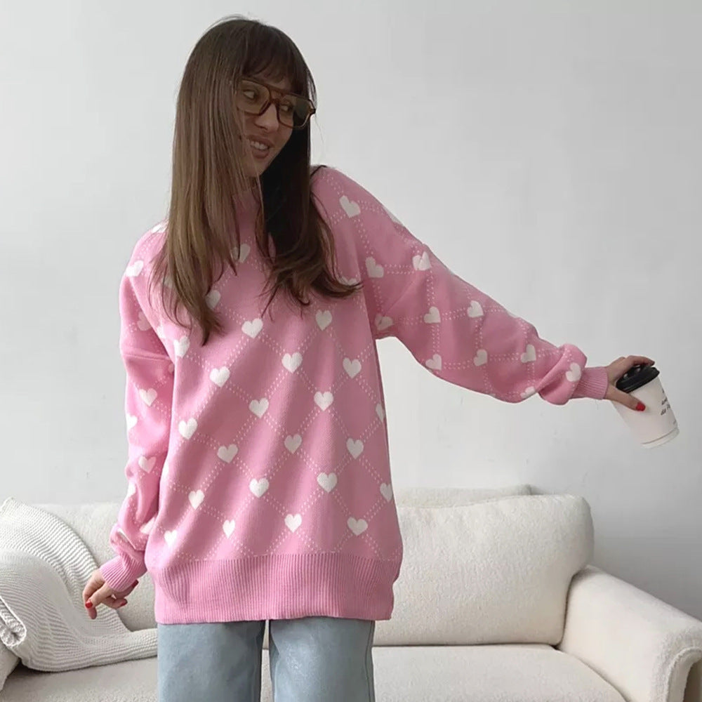 Damen Gemusterter Strickpullover mit Herzmotiv und lässigem Schnitt Drune