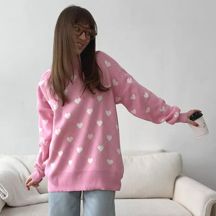 Damen Gemusterter Strickpullover mit Herzmotiv und lässigem Schnitt Drune