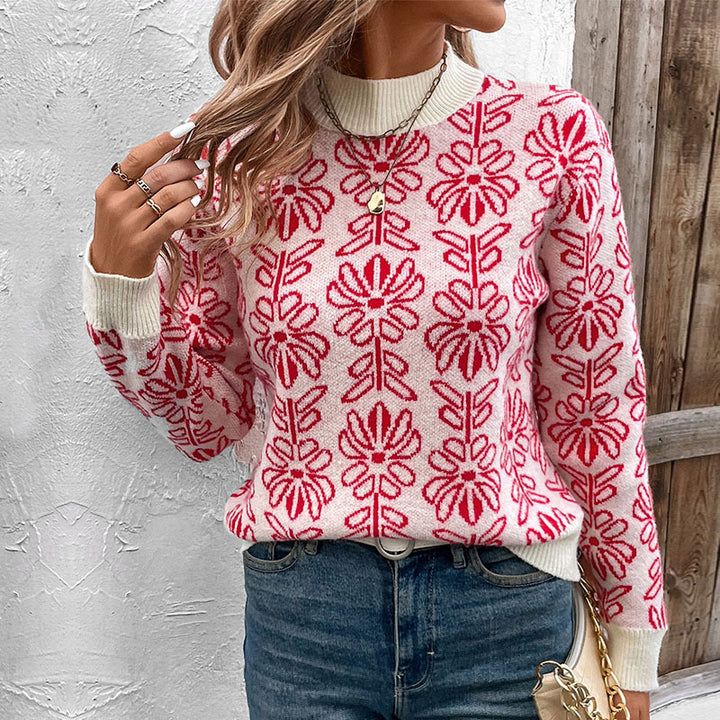 Damen Strickpullover mit floralen Mustern und elegantem Stehkragen Drune