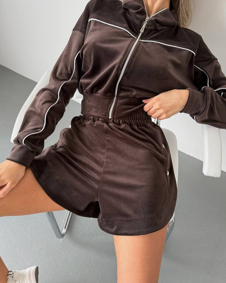 Damen Cropped Velours-Set mit Reißverschluss und elastischem Bund Drune