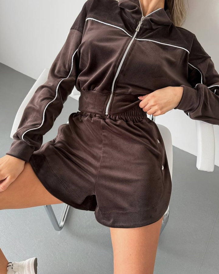 Damen Cropped Velours-Set mit Reißverschluss und elastischem Bund Drune