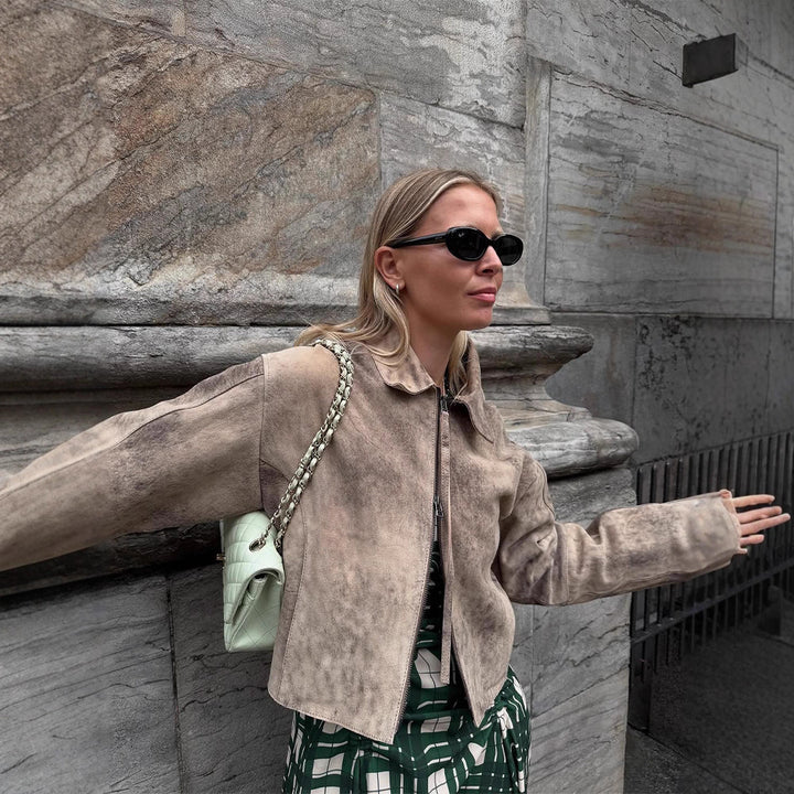 Damen modische Wildlederjacke mit voluminösen Ärmel Drune