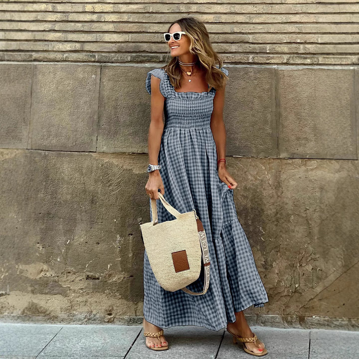Damen Langes Gingham-Maxi-Kleid mit Rüschen Drune