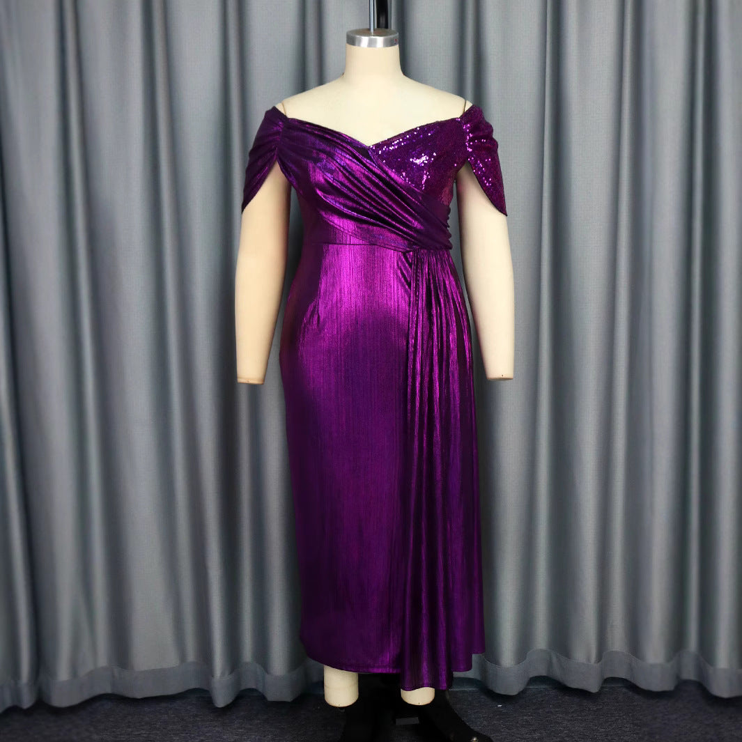 Damen glamouröses Abendkleid mit glänzendem Oberteil und eleganter Drapierung Drune