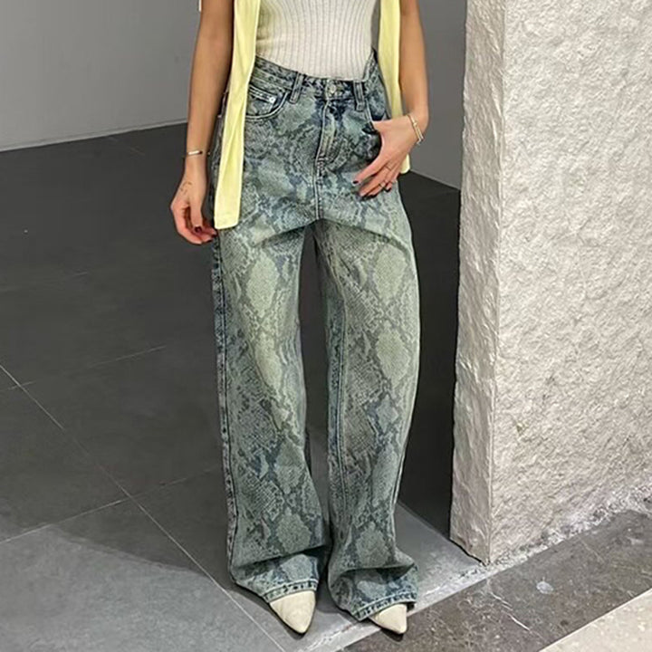 Damen nan hochgeschnittene Jeans mit Schlangenprint, weitem Bein und geradem Schnitt Drune