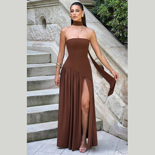Damen Elegantes Maxikleid mit schulterfreier Silhouette und raffiniertem Schlitz Drune