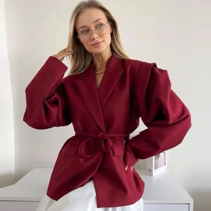 Damen nan taillierter Blazer mit Bindegürtel, Reverskragen und Schulterpolstern Drune