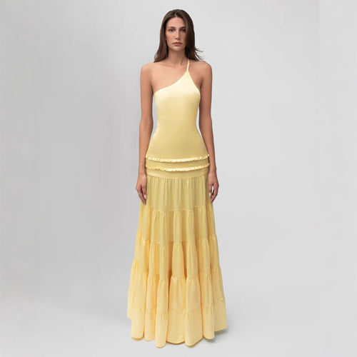 Damen elegantes asymmetrisches Maxikleid mit Rüschendetails Drune