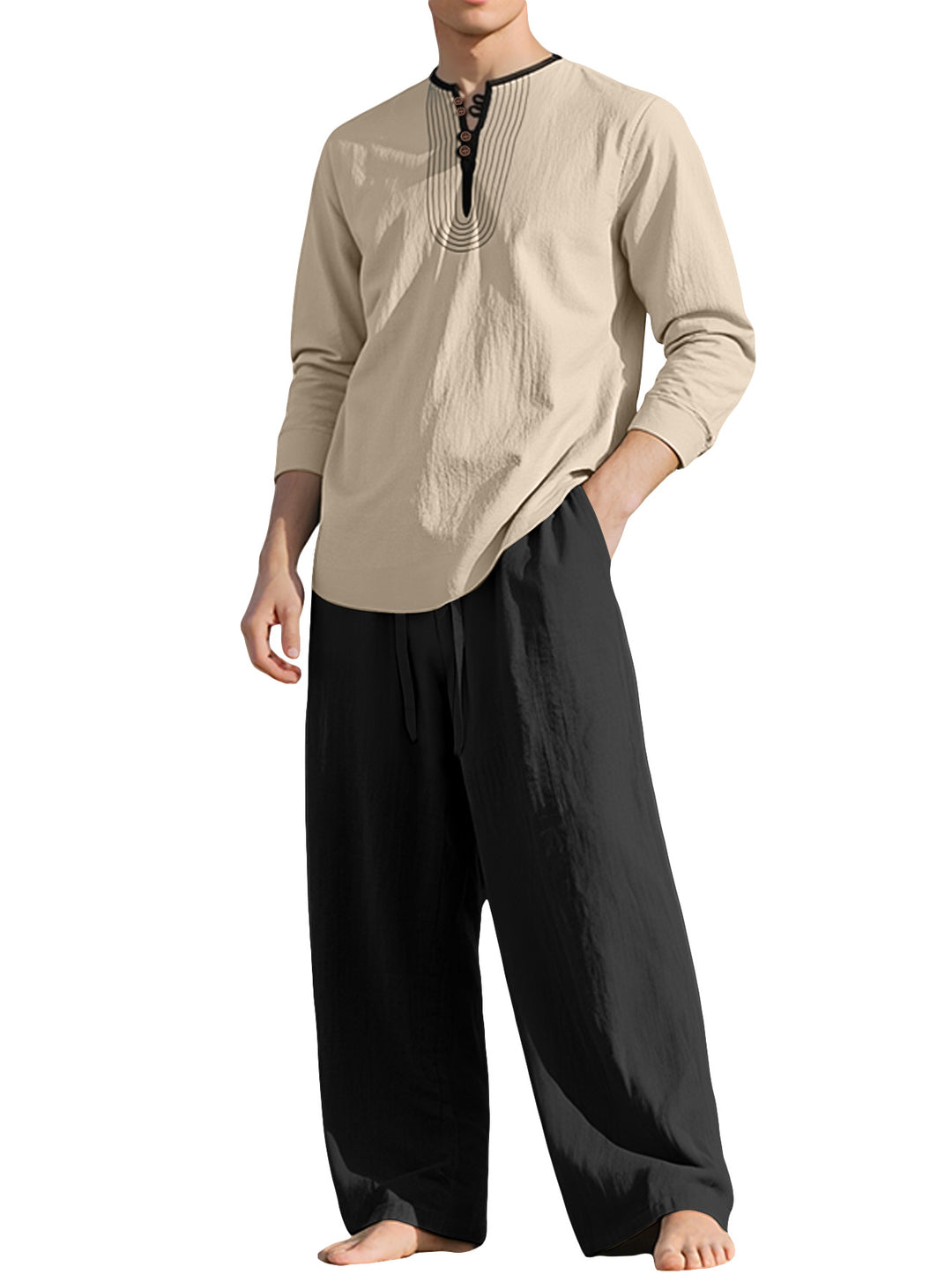 Herren nan Tunika- und Palazzohose-Set mit Henley-Blende, Zierstickerei und weitem Schnitt Drune