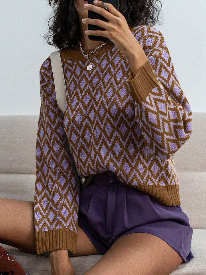 Damen lässiger Strickpullover mit geometrischem Muster Drune