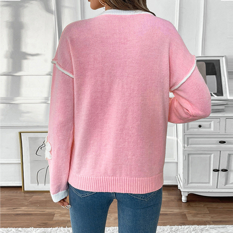 Damen verspielter Strickpullover mit vorteilhaftem V-Ausschnitt und aufwendigen Blumenapplikationen Drune