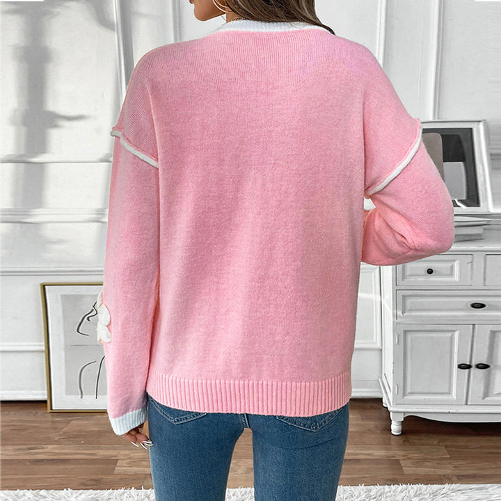 Damen verspielter Strickpullover mit vorteilhaftem V-Ausschnitt und aufwendigen Blumenapplikationen Drune