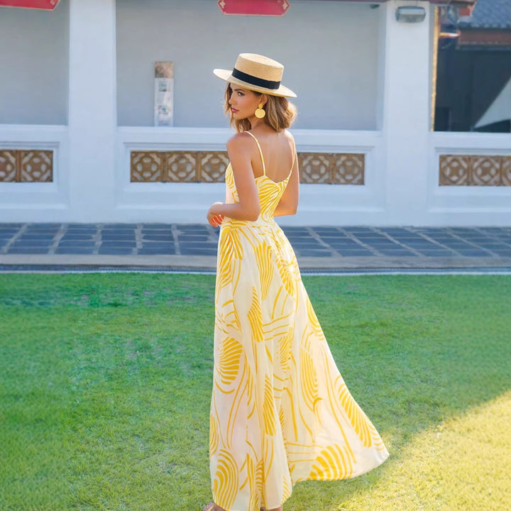 Damen Maxikleid mit zarten Blättermotiven und leichtem Stoff Drune