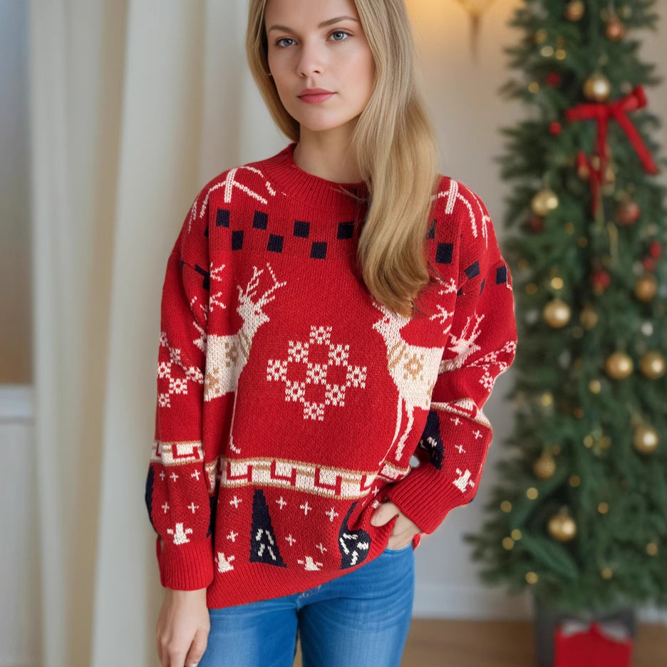 Damen gemusterter Weihnachtspullover mit festlichem Rentierdesign und Oversize-Schnitt Drune