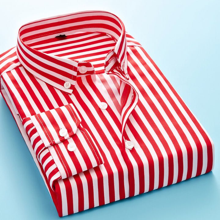 Herren nan gestreiftes Business-Hemd mit Button-Down-Kragen, Brusttasche und bügelleichtem Baumwollmix Drune