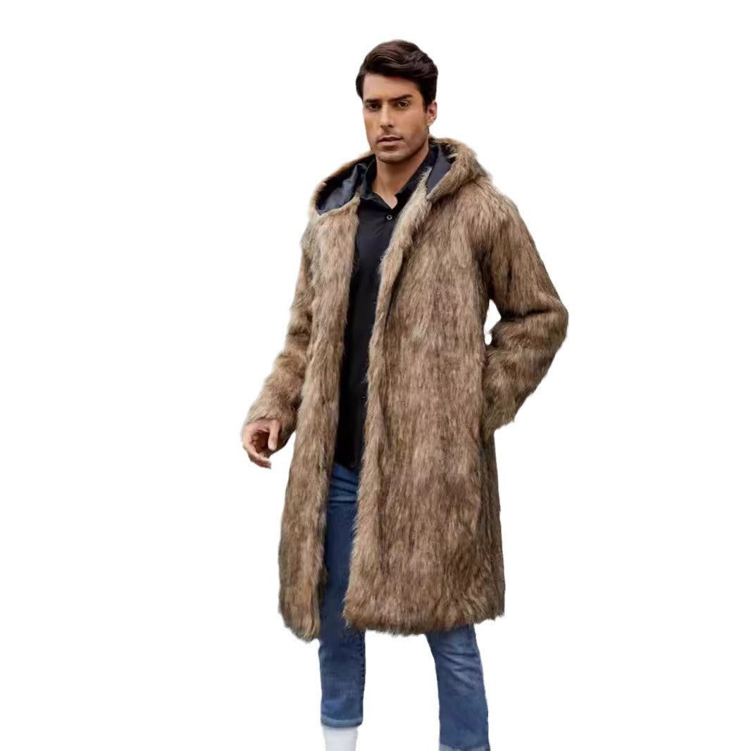 Herren Luxuriöser Kunstfellmantel mit Kapuze Drune