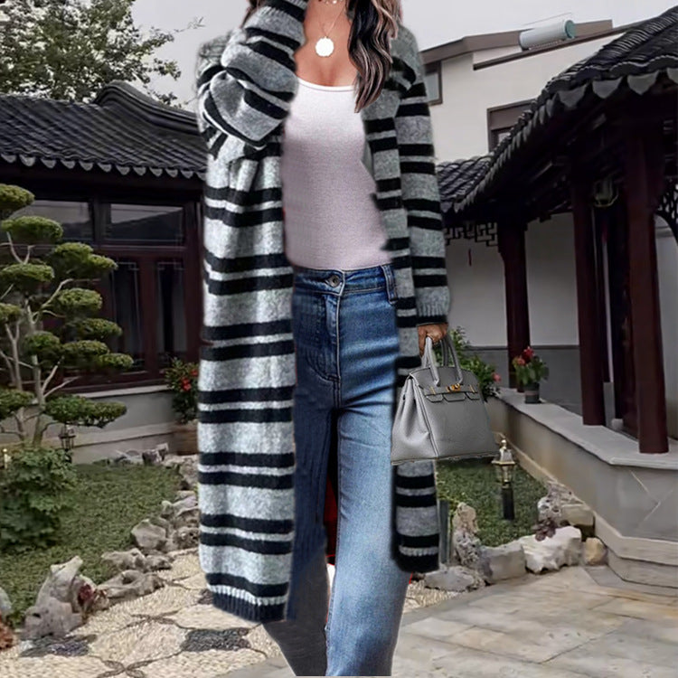 Damen Langer Strickcardigan mit gestreiftem Design und offenen Fronten Drune