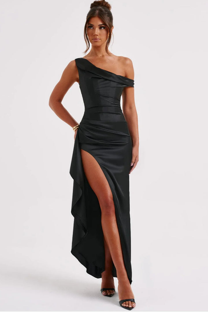 Damen elegantes One-Shoulder Maxikleid mit hohem Schlitz und figurbetontem Design Drune
