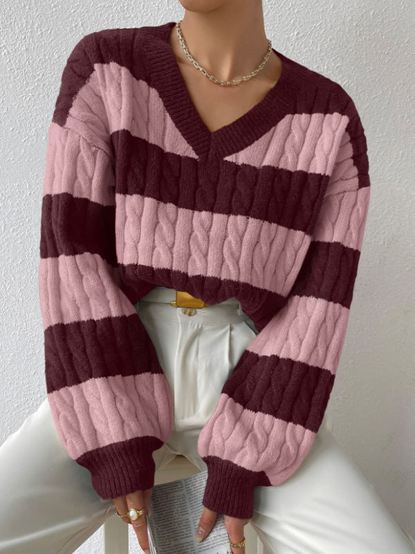 Damen Grobstrickpullover mit modischem V-Ausschnitt und buntem Streifenmuster Drune