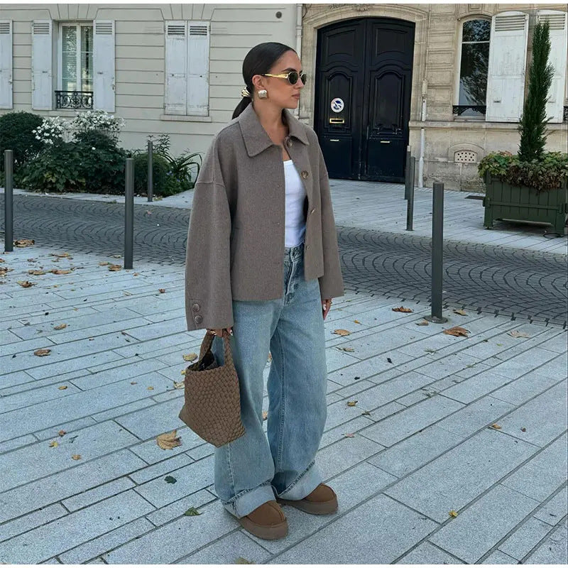 Damen Oversized Wolljacke mit Knopfdetail Drune