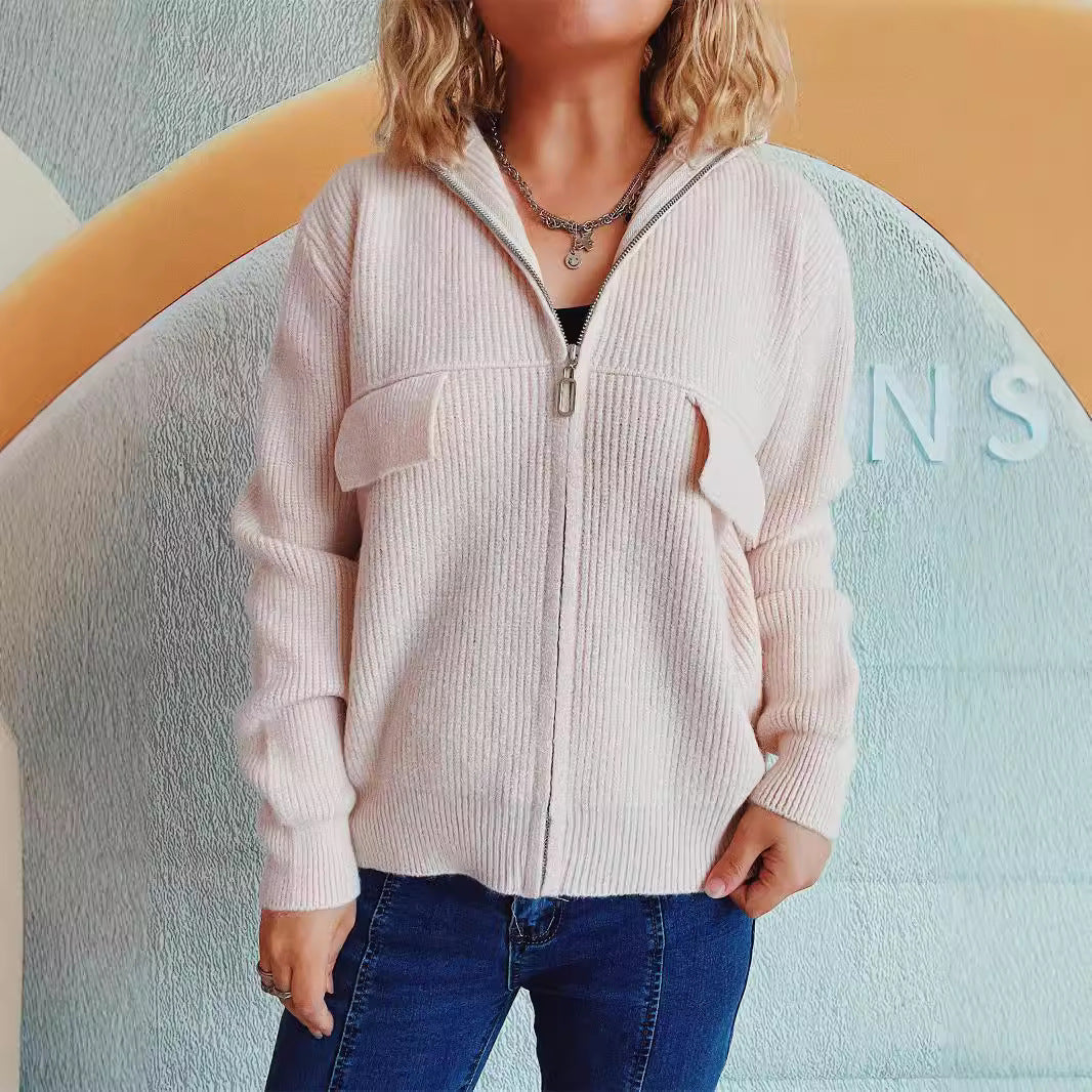 Damen lässige Strickjacke mit praktischen Taschen und hohem Kragen Drune