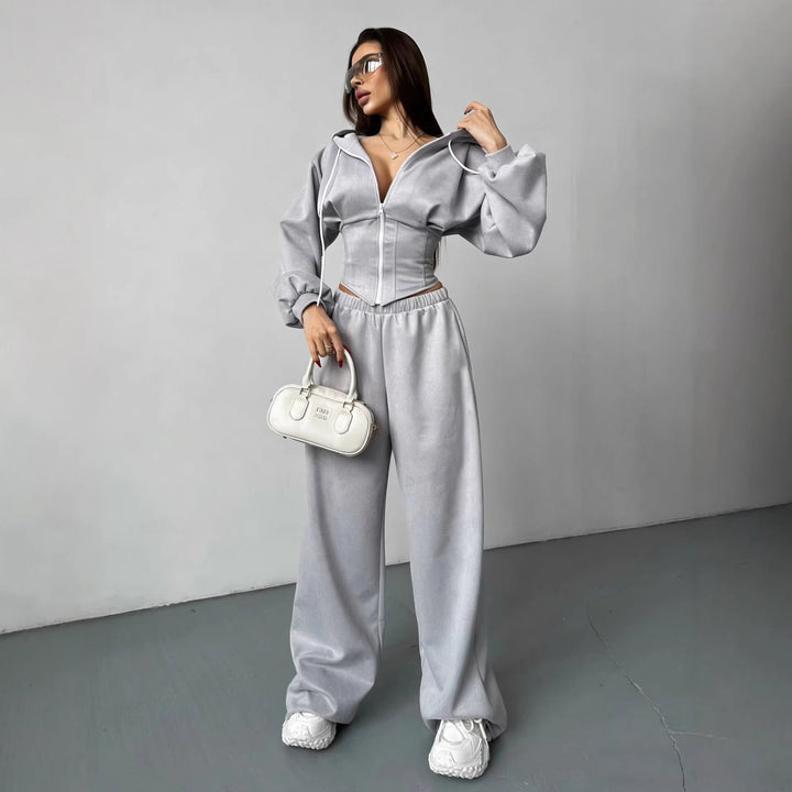 Damen sportliches Set aus cropped Kapuzenjacke und weiten Jogginghosen mit elastischem Bund Drune