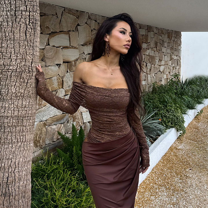 Damen Elegantes Off-Shoulder Kleid mit Spitzenoberteil Drune