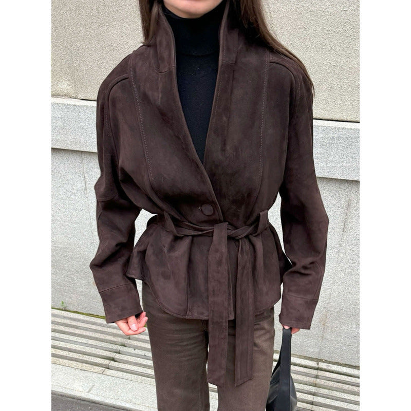 Damen elegante weiche Jacke im Stil eines Blazers mit Taillengürtel Drune