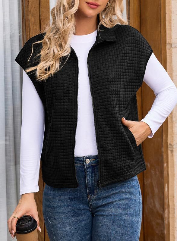 Damen Leichte Waffelstrick Weste mit Taschen und Stehkragen Drune