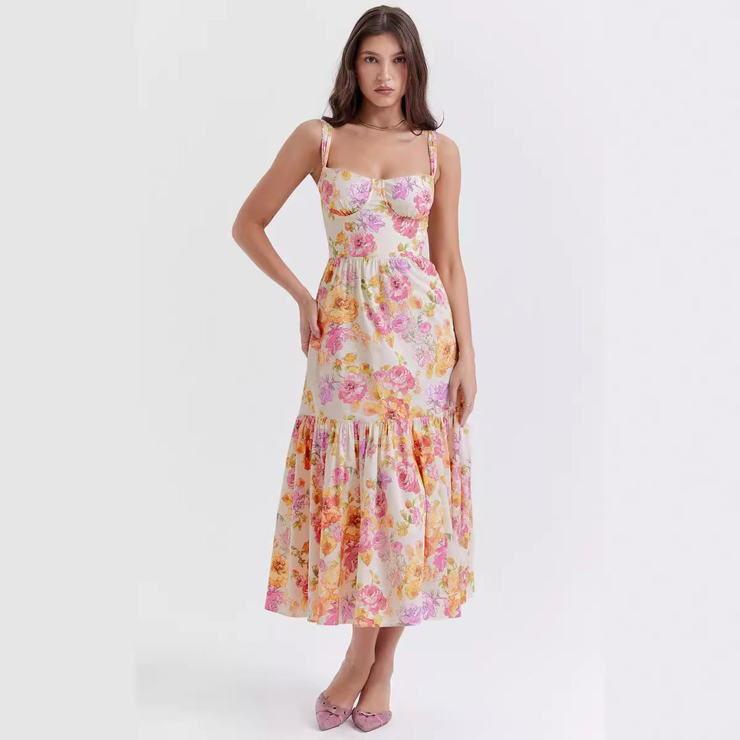 Damen Floral gemustertes Maxikleid mit tailliertem Oberteil und Volantrock Drune