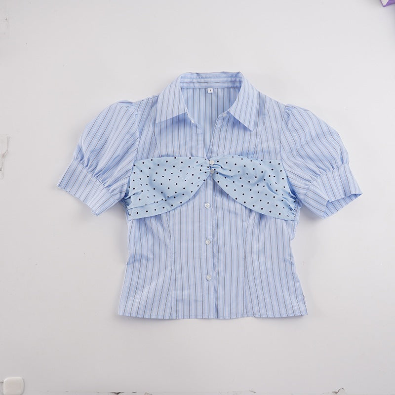 Damen Stylische gestreifte Bluse mit Rüschendetail und Punktenmuster Drune