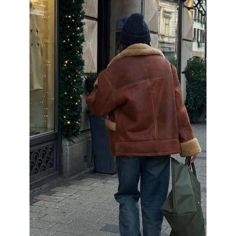 Damen Kunstfell-Lederjacke mit lässigem Oversized-Schnitt Drune