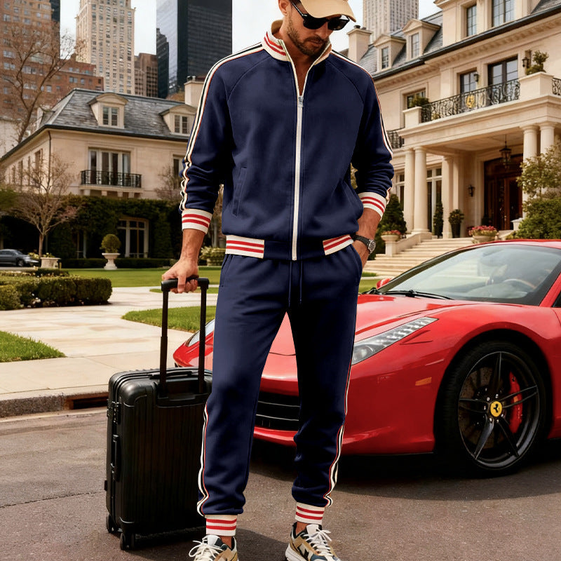 Herren nan sportiver Trainingsanzug mit gestreiften Rippbündchen, Reißverschlussjacke und tapered Jogginghose Drune