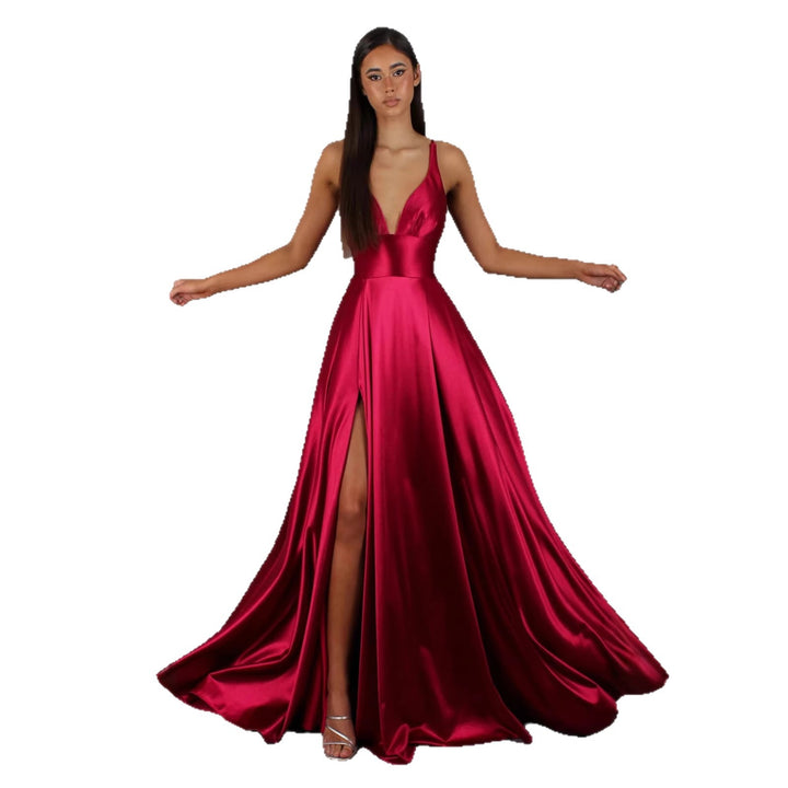 Damen Elegantes Maxikleid mit tiefem V-Ausschnitt und modischem Schlitz Drune