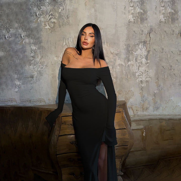 Damen figurbetontes schulterfreies Maxikleid mit elegantem Schlitz Drune