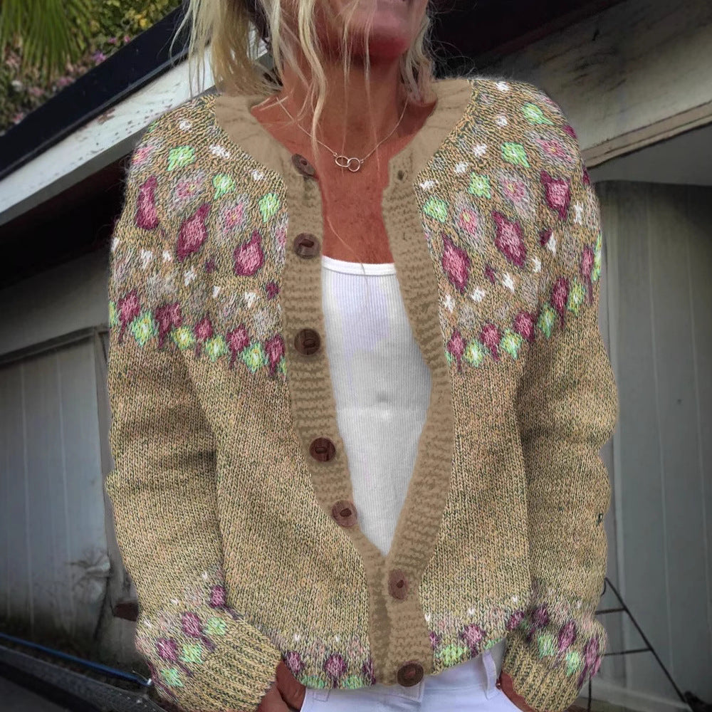 Damen nan gemusterte Strickjacke mit Rundpasse, Holzknöpfen und Eingrifftaschen Drune