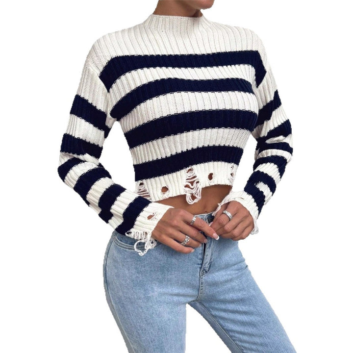 Damen Cropped Pullover mit stylischen Streifen und distressed Details Drune