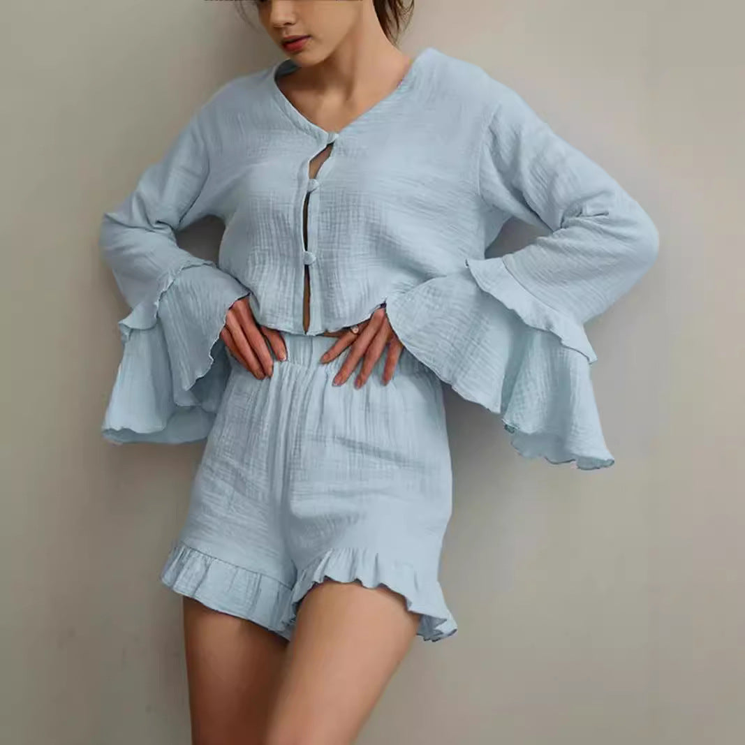 Damen Set aus luftiger Bluse und Shorts mit Volants Drune