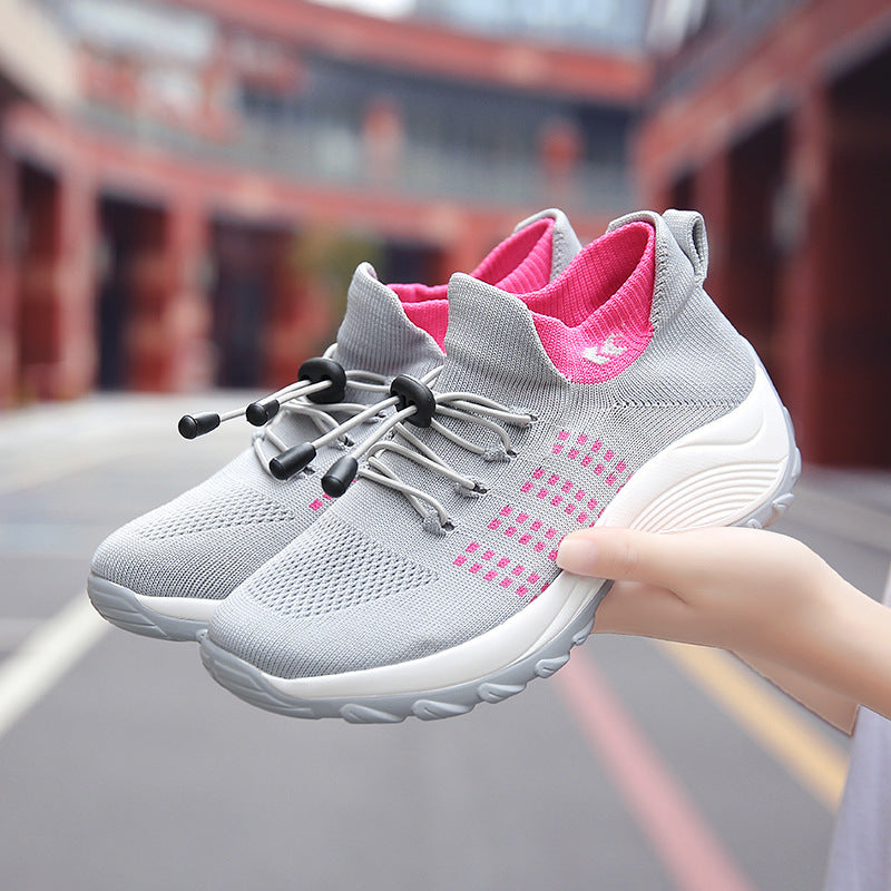 Damen gestrickte Slip-On Sneaker mit Schnellzugkordel, elastischem Schaft und stoßdämpfender Plateau-Sohle Drune