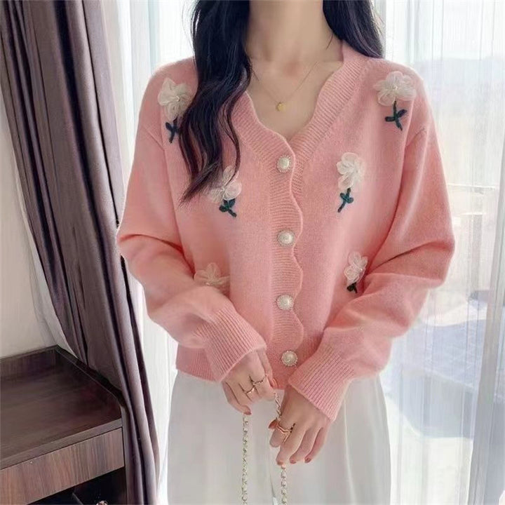 Damen Strickjacke mit floralem Design und eleganten Perlenknöpfen Drune
