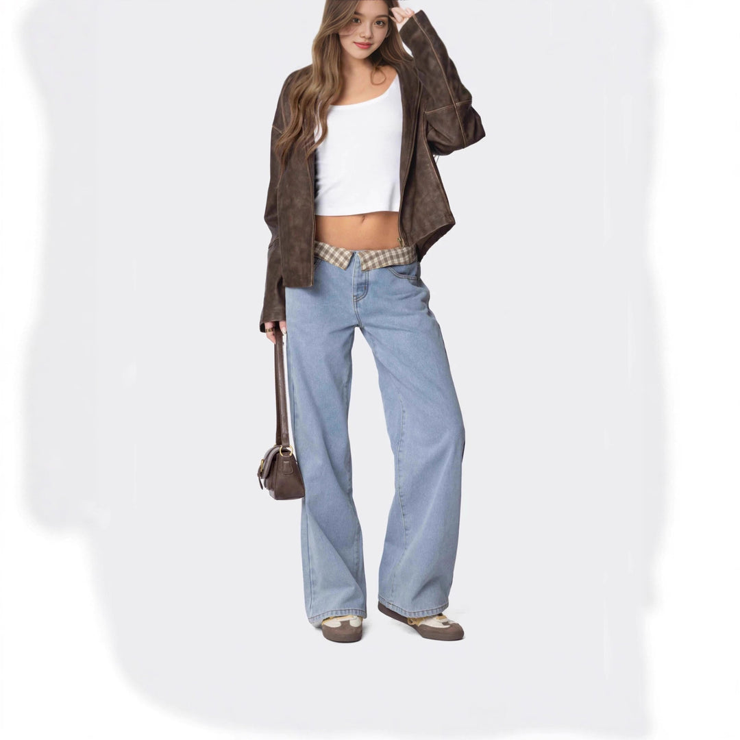 Damen nan weite Schlagjeans mit umgeschlagenem Karobund und klassischem Five-Pocket-Schnitt Drune