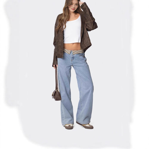 Damen nan weite Schlagjeans mit umgeschlagenem Karobund und klassischem Five-Pocket-Schnitt Drune