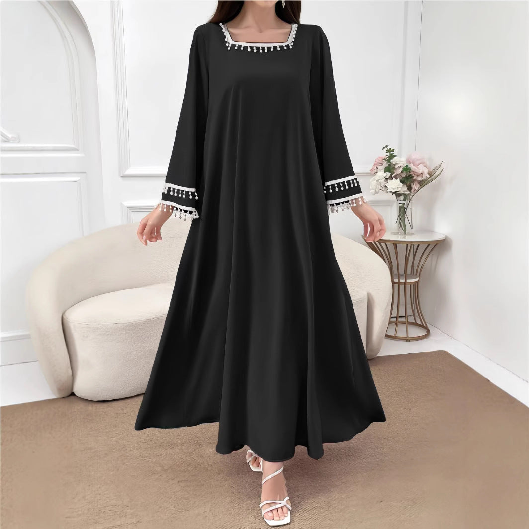 Damen Elegantes Maxikleid mit dekorativen Fransen und weiten Ärmeln Drune