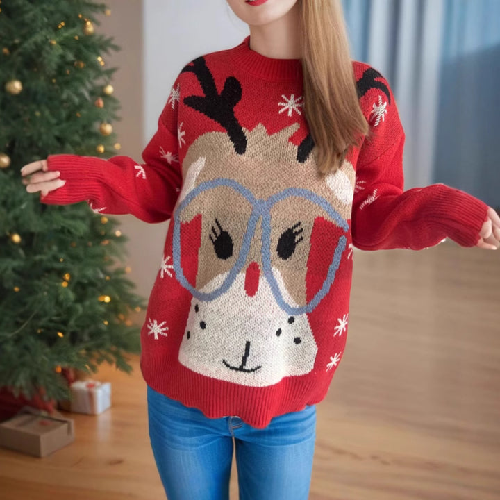 Damen festlicher Pullover mit weihnachtlichem Rentier-Motiv und lockerer Passform Drune
