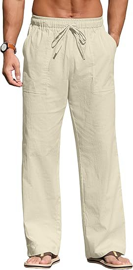 Herren nan leichte Leinenhose mit elastischem Bund, Kordelzug und aufgesetzten Taschen Drune
