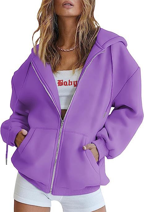 Damen nan übergroße Kapuzenjacke mit durchgehendem Reißverschluss und Kängurutaschen Drune