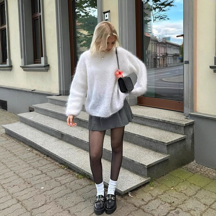 Damen lässiger Strickpullover mit voluminösen Ärmeln und hochwertiger Mohair-Optik Drune