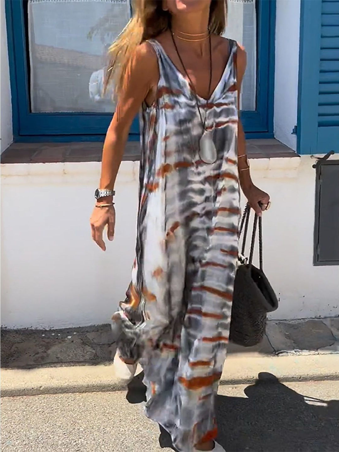 Damen Maxikleid im lässigen Schnitt mit tiefem V-Ausschnitt und modischem Batikdesign Drune