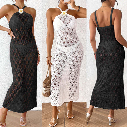 Damen Häkel-Maxikleid mit einem eleganten Blumendetail Drune